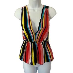 Asos women’s multicolor striped Cotton sleeveless peplum deep v neck top size 2